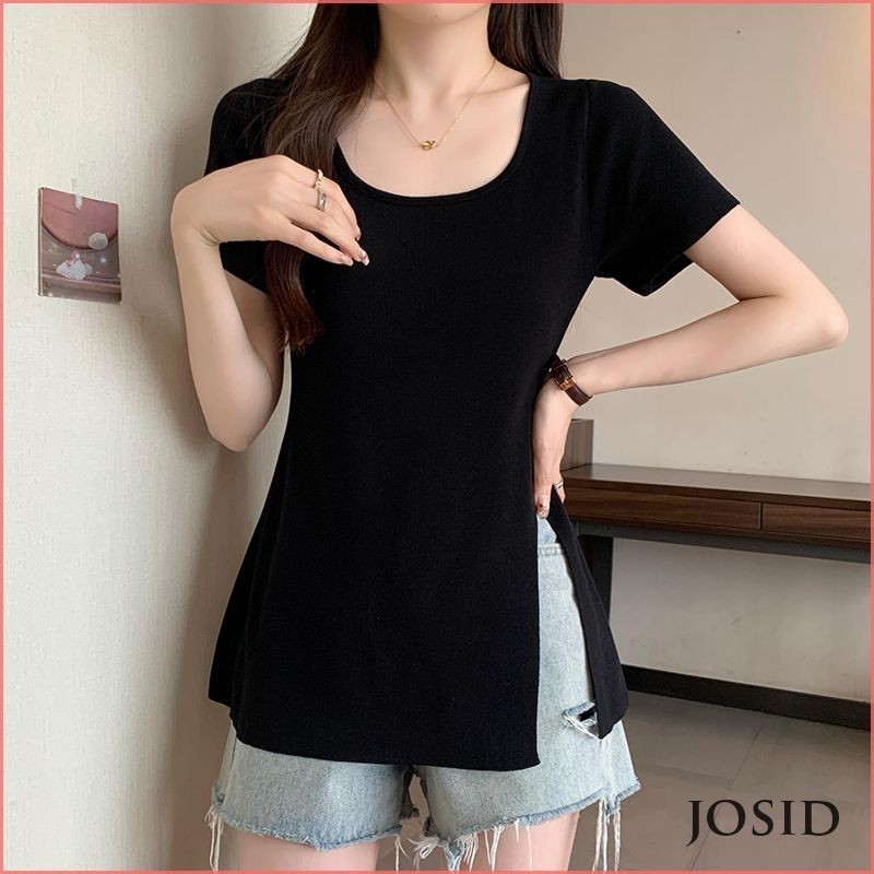 U-คอแขนสั้นเสื้อถักผู้หญิงร่องเอว Retraction เสื้อถักอารมณ์เก๋ด้านบน JD