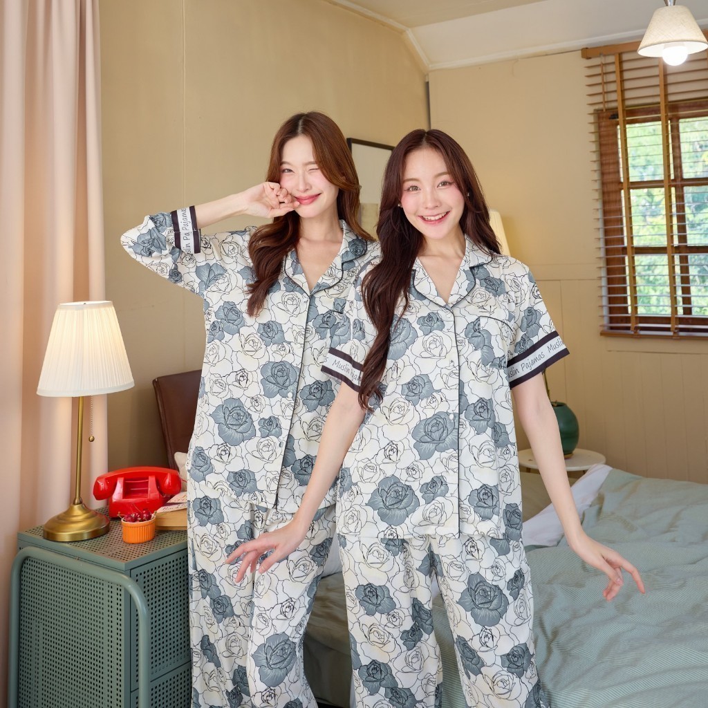ชุดนอน Muslin Pajamas Silk Satin รุ่น Early Grey Roses (N3040 T3040 P3040 L3040 K3040)|ชุดนอนผู้หญิง