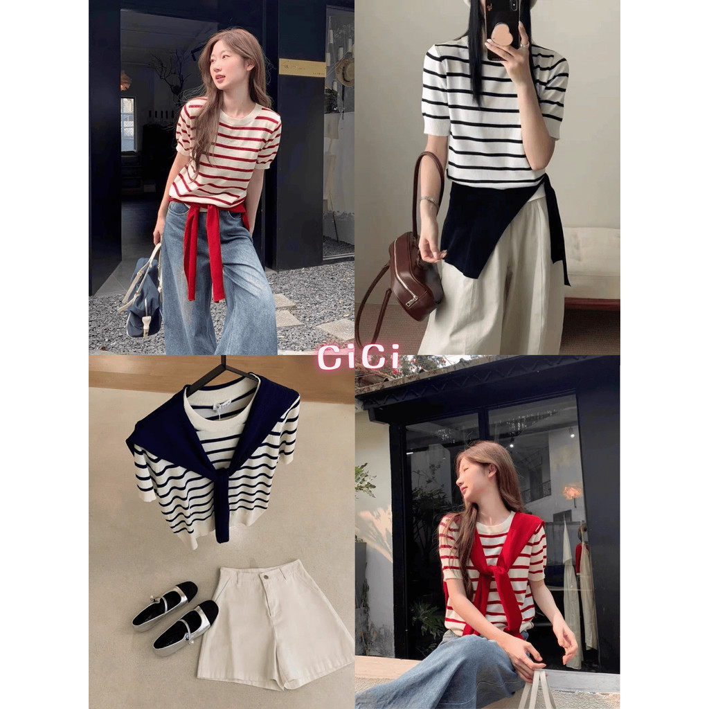 ส่งทันทีCici(ฺNO. B8775) เสื้อแขนสั้นไหมพรมลายทาง ผ้านุ่มใส่สบาย และผ้าคลุมไหล่ผ้าถัก สไตล์วินเทจฮิตยุค90