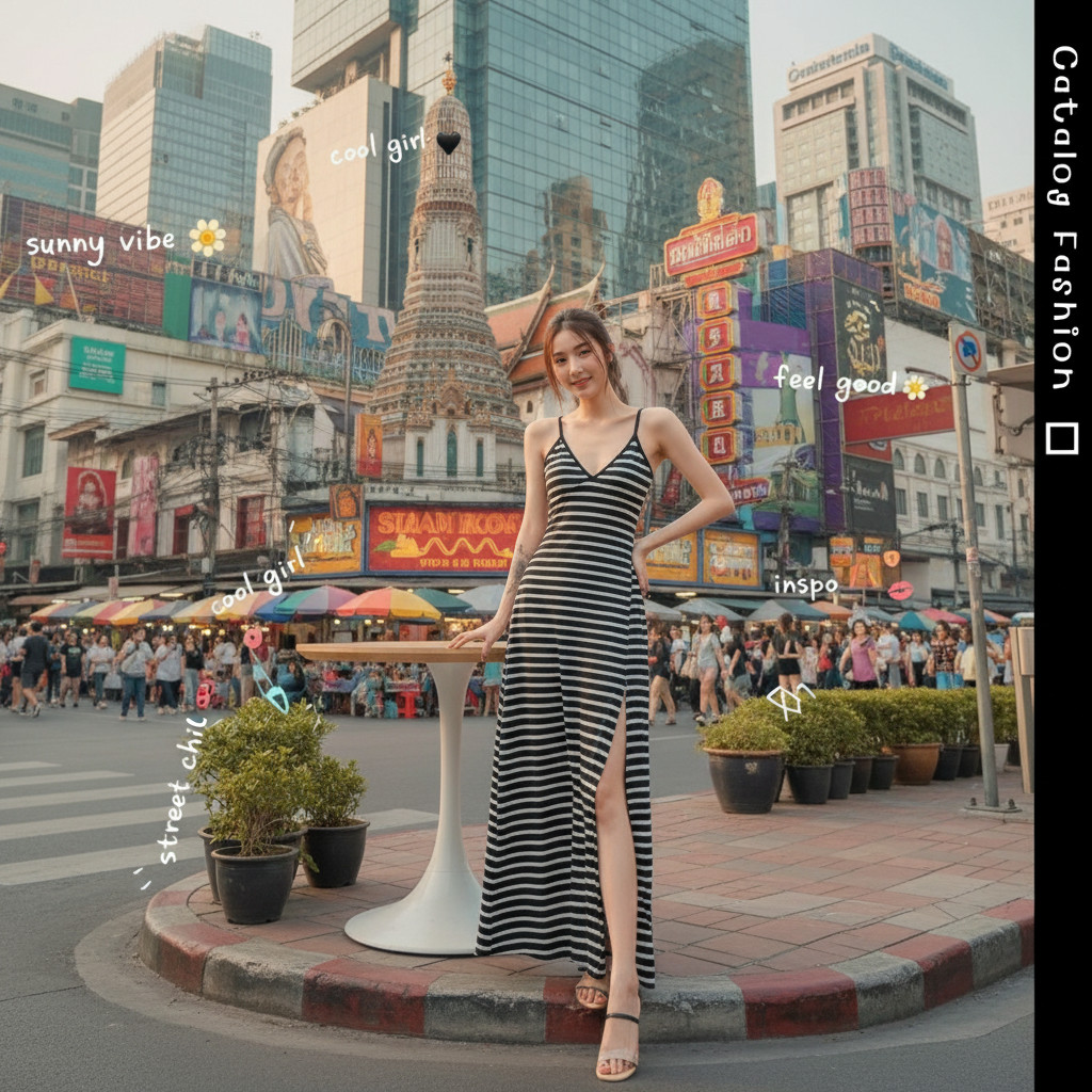 ꕥCatalog Fashionꕥ แม็กซี่เดรสสายเดี่ยวคอวี ผ่าหน้าเซ็กซี่ แบบลายทางและสีดำพื้น