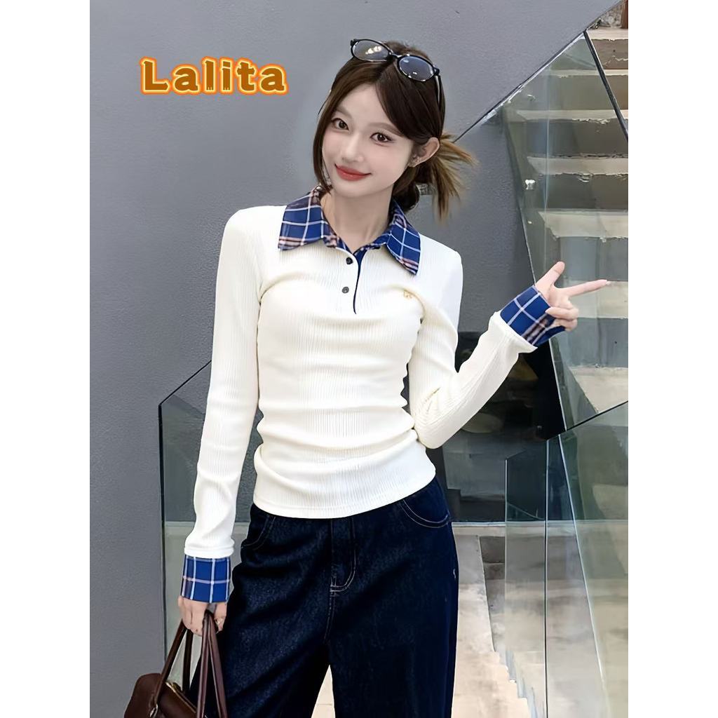 ส่งไวจากไทย  เสื้อยืดผู้หญิง แขนยาว ปลอม น่ารักๆ สไตล์เกาหลี ผ้ายืด นุ่ม ทรงเข้า