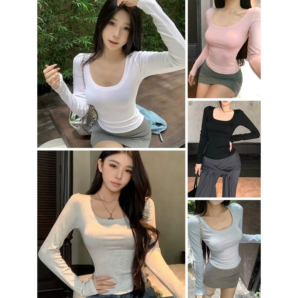 เสื้อยืดคอ U แขนยาว ดีไซน์สวยเข้ารูปทำให้รูปร่างดูเพรียว