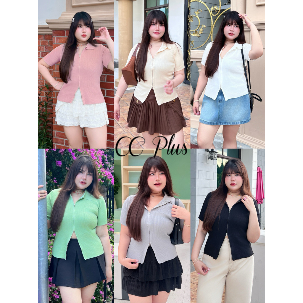 CiCi Plus+(B8808) เสื้อแขนสั้นคอปก มีซิปคู่รูดด้านหน้า สีพื้น เนื้อผ้ายืดหยุ่นใส่สบาย สไตล์สาวพลัสไซส์