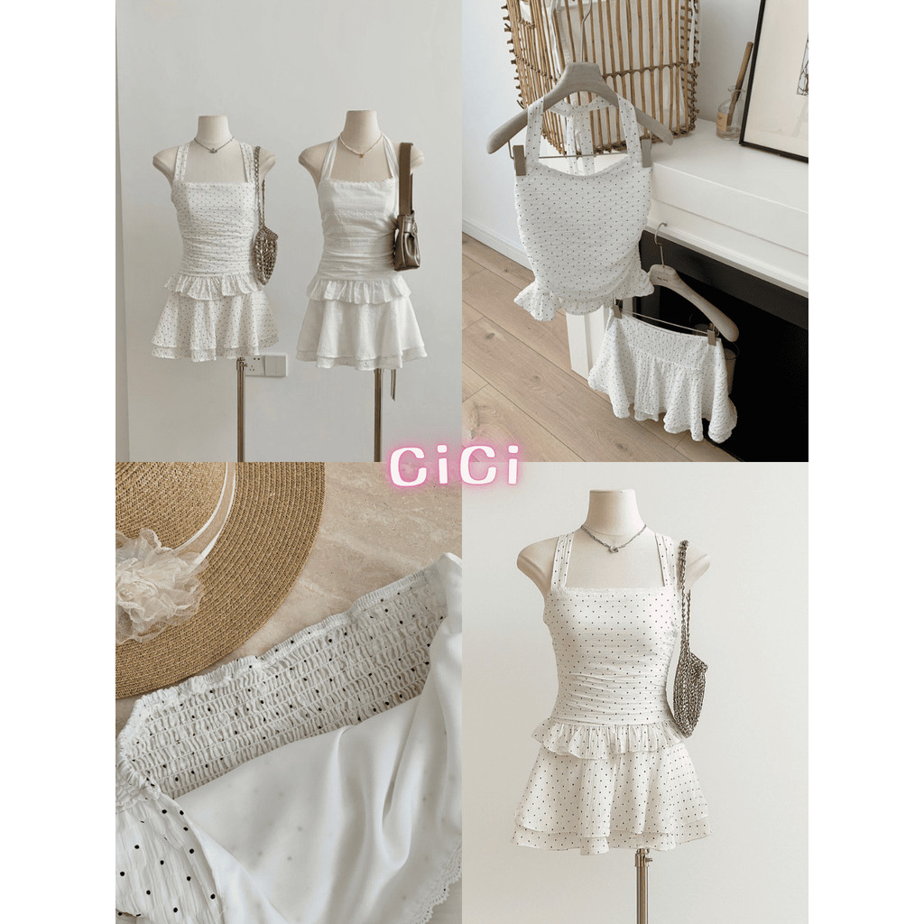 ส่งทันที Cici(NO. SET3402) Set 2 ชิ้น ลูกไม้เสื้อเกาะอกคล้องคอผูกโบว์หลังกระโปรงมีซิปข้างสม็อคหลังมีซับใน สไตล์สาวน่ารัก