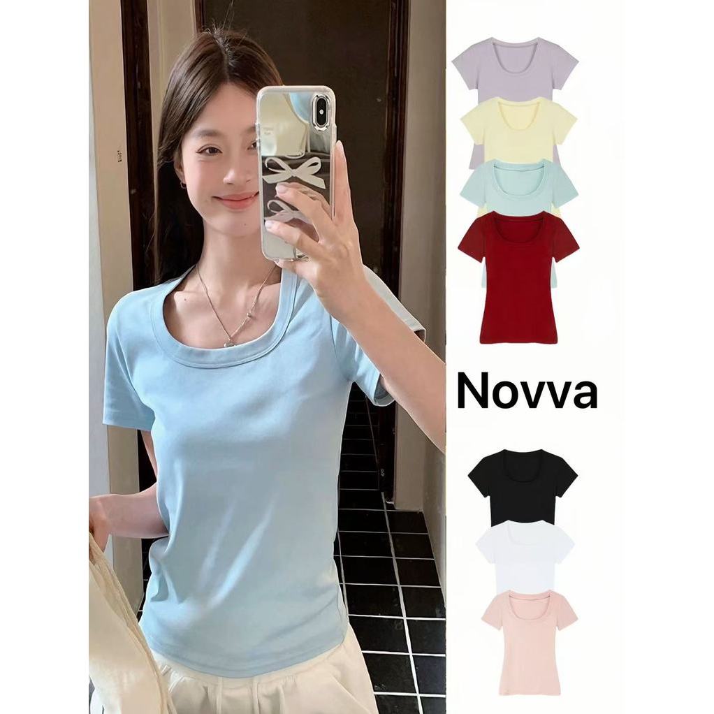 พร้อมส่งจากกทม  เสื้อยืดแขนสั้นผ้าไหมน้ำแข็งผู้หญิง เสื้อยืดสีทึบสไตล์เกาหลีทรงเข้ารูปและใช้งานได้หลากหลาย Novva