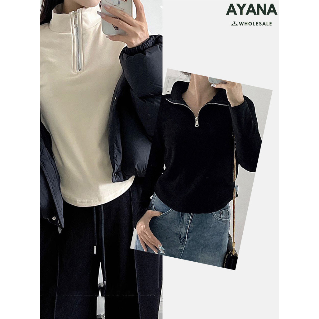 เสื้อยืดคอสูง แขนยาว เสื้อซิปด้านหน้า ทรงสวย