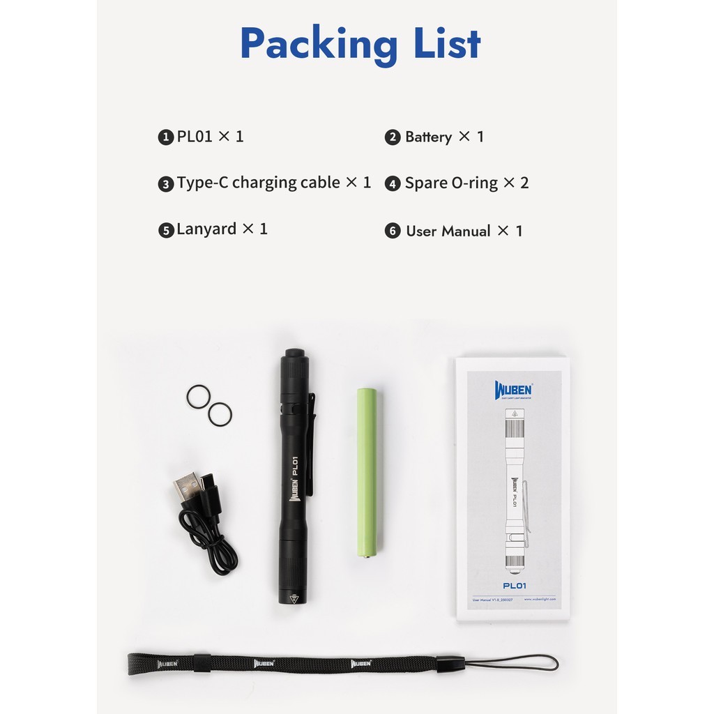 ไฟฉายพ็อกเก็ต WUBEN PL01 650 ลู멘 ชาร์จไฟได้ และกันน้ํา IP68