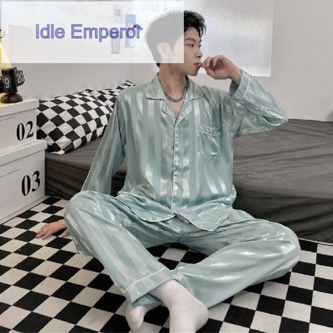 ชุดนอนผู้ชาย ชุดนอนชาย กางเกงนอนผู้ชาย Animal Pattern Silk Long Sleeve Pajama Terno Men Cardigan Sat