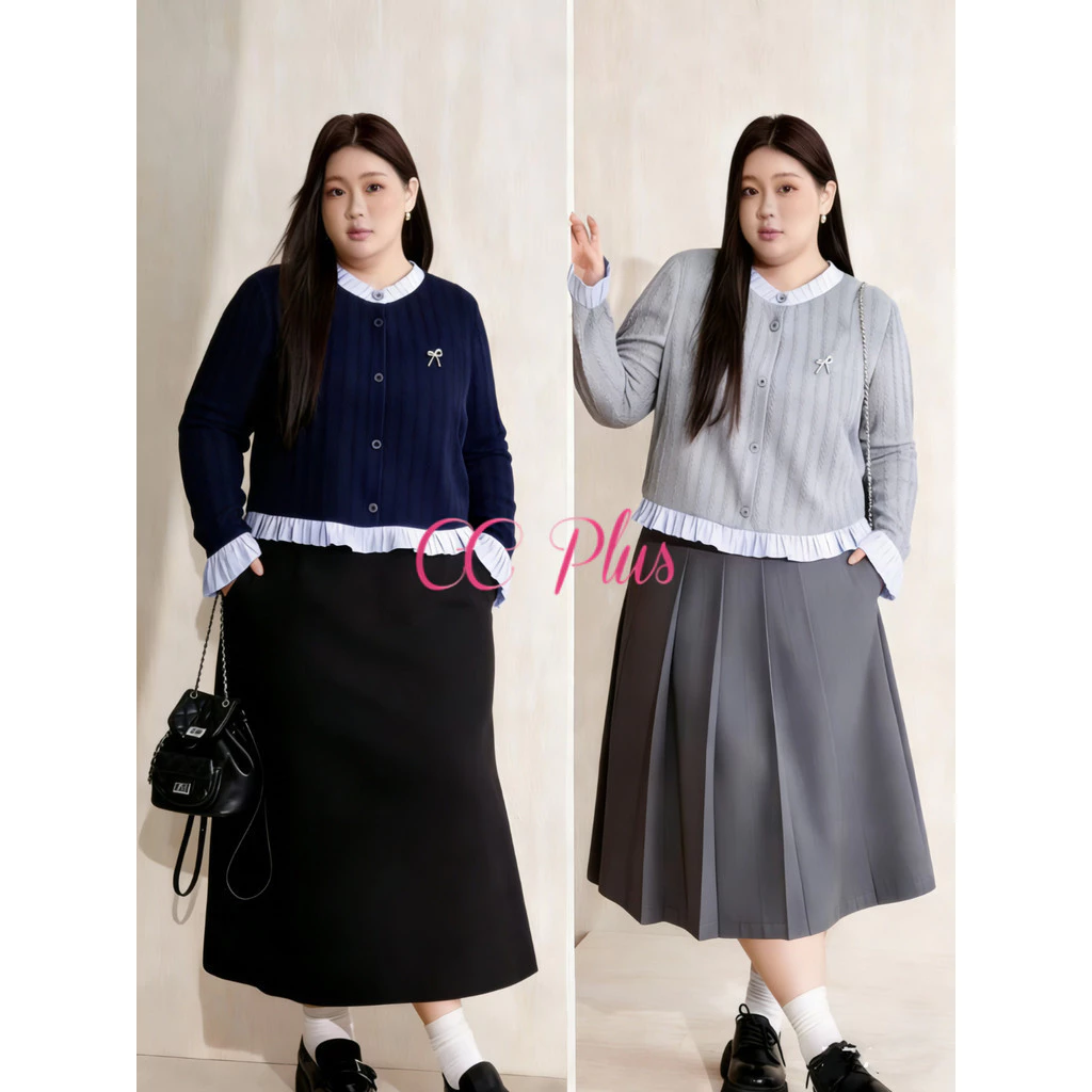 CiCi Plus+(Y6335-1) เสื้อไหมพรมคอกลมแขนยาว ดีเทลแต่งระบาย แถมเข็มกลัดโบว์น่ารักๆ ให้ลุคสาวเกาหลี สไตล์สาวพลัสไซส์