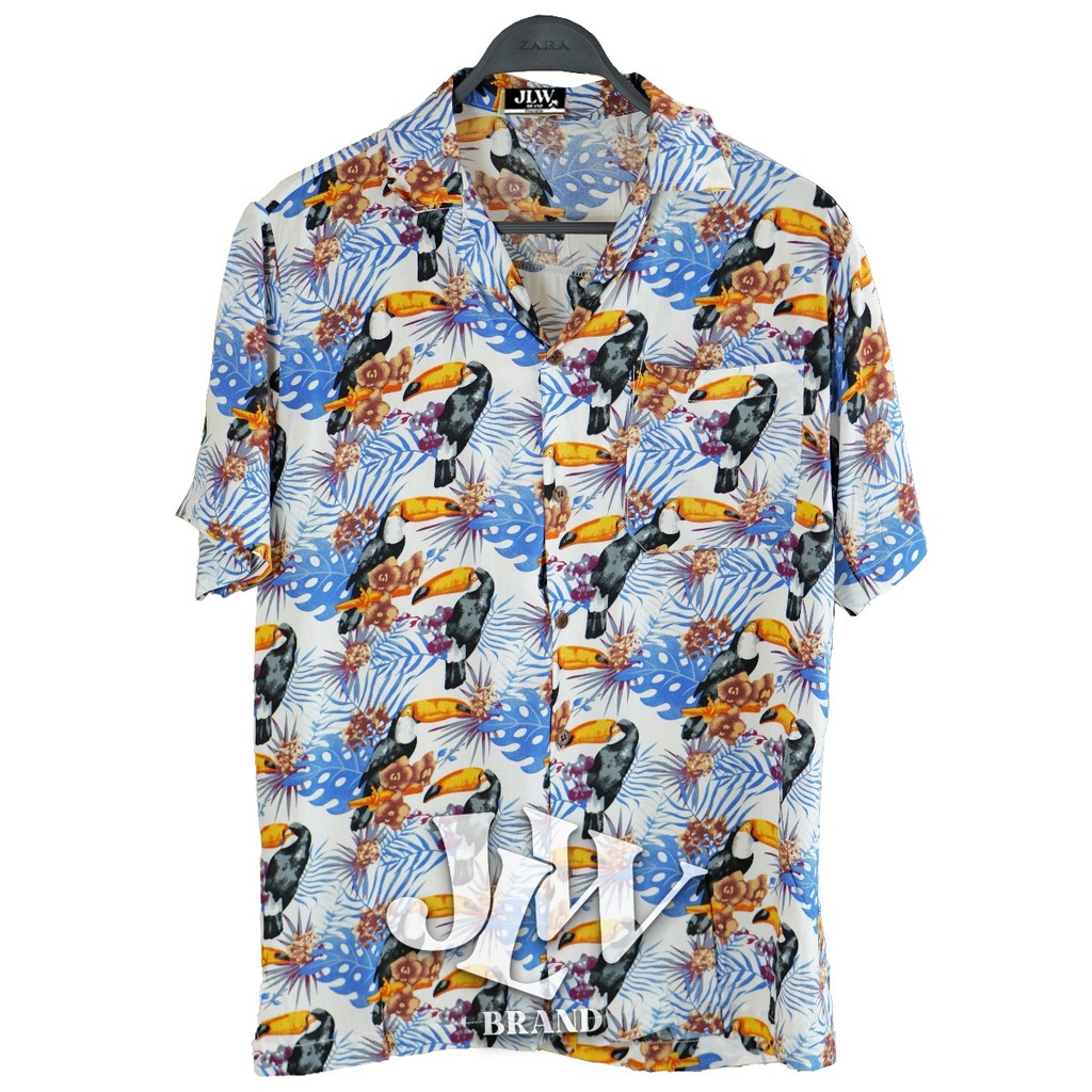 เสื้อฮาวาย ลายนกเงือกน้อย ขาว ผ้านิ่ม M L XL Oversize