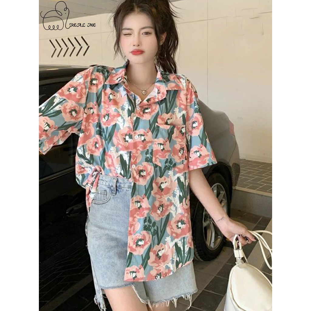 เสื้อแขนสั้นดีไซน์พิเศษ เสื้อผ้าลายดอกกุหลาบ ฮาวาย