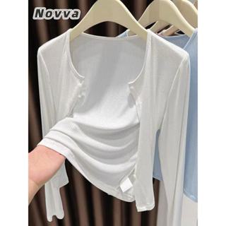 ส่งไวจากไทย สไตล์ใหม่ เสื้อยืดผู้หญิง แขนยาว เสื้อคาร์ดิแกนแ…