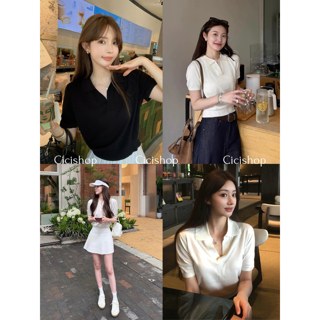 Cicishop(A81018) เสื้อไหมพรมแขนสั้นคอปกสีพื้น ผ้ายืดทรงหลวมใส่สบาย สไตล์ฤูดูร้อน