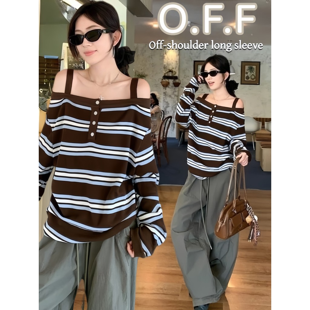 OFF SHOP 🥻ใหม่ 2026 เสื้อแขนยาวเปิดไหล่ สีน้ำตาล ผ้านุ่มสบาย ทรงหลวม เสื้อแขนลายทางผู้หญิง แฟชั่นฮิต ฟรีไซส์' FY5088