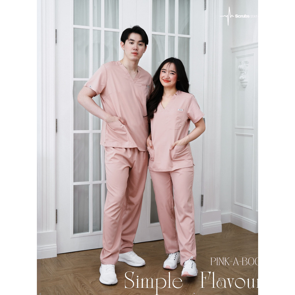 ชุดสครับขาตรง กางเกงทรงสุภาพ (ปักชื่อ) Scrubs STAT รุ่น Simple Flavour Collection Pink-a-boo