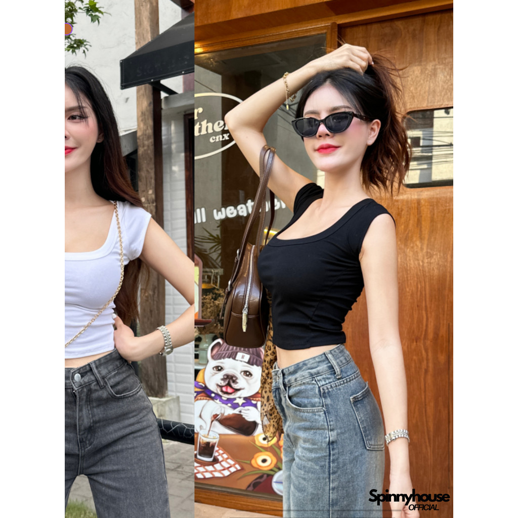 LL Pay: SpinnyHouseเสื้อครอปแขนเต่อ ผ้ายูนิยืดเยอะ คอเหลี่ยม  พร้อมส่งทุกสี รุ่น น้ำพริก B-005-4-A