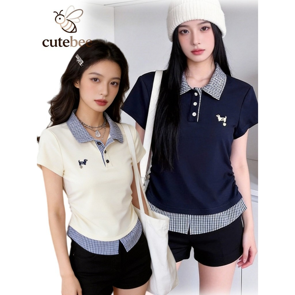 🐝CuteBee🐝26/2 เสื้อแฟชั่นผู้หญิง คอปก สไตล์คอมมิวต์ แต่งกระดุม ปักน้องหมา เนื้อผ้าพรีเมียม เสื้อหน้า
