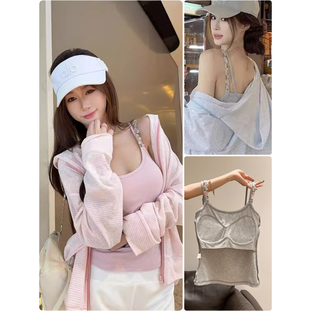 เสื้อกล้ามสายดอกไม้ มีฟองน้ำในตัว ปรับความยาวได้ ดีไซน์ฝรั่งเศส ผู้หญิง ทรงสวย ใส่แล้วดูแพง Padded camisole #3548