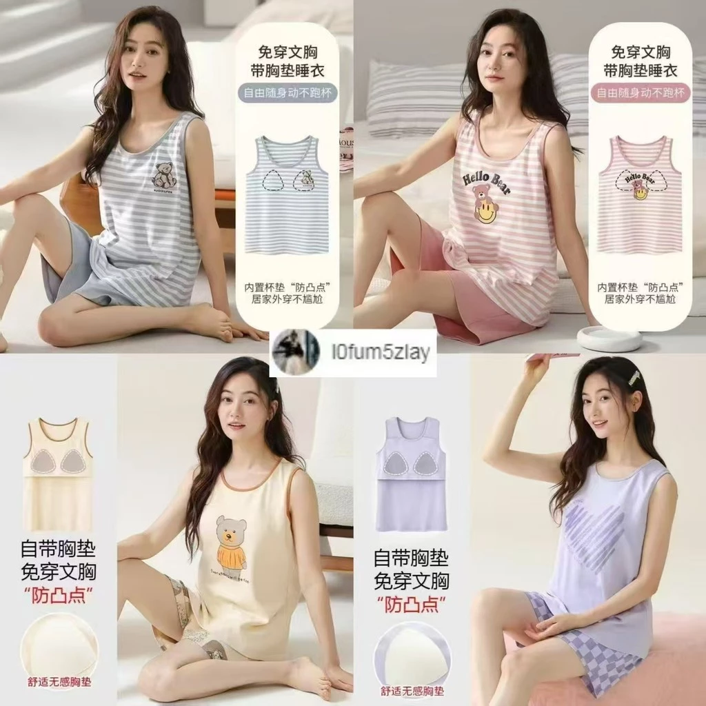 (ส่งมาจากประเทศไทย)ขาสั้น+เสื้อกล้าม，ชุดนอนผู้หญิงฤดูร้อน，มาพร้อมกับแผ่นรองหน้าอก，มีให้เลือก 8 แบบ，M-2XL