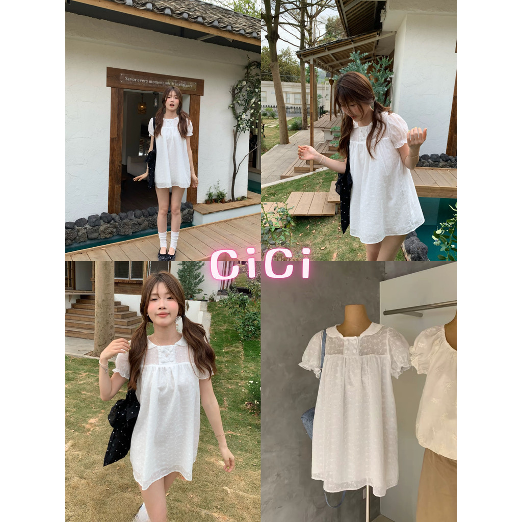 ส่งทันทีCici(NO. 3412) มินิเดรสสีขาวลายลูกฉลุ มีซับใน กระดุมใช้งานได้จริงทรงหลวม น่ารักสไตล์สาวญี่ปุ่น