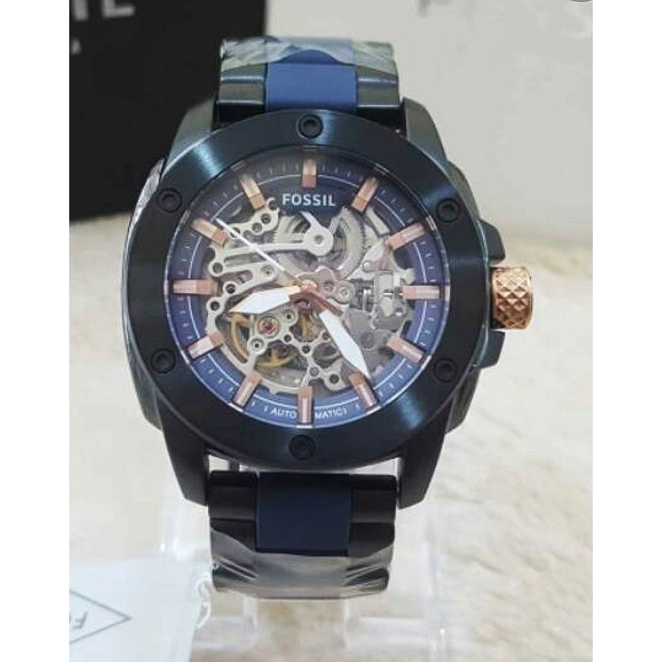 Fossil navy dial men's skeleton automatic watch ME3133