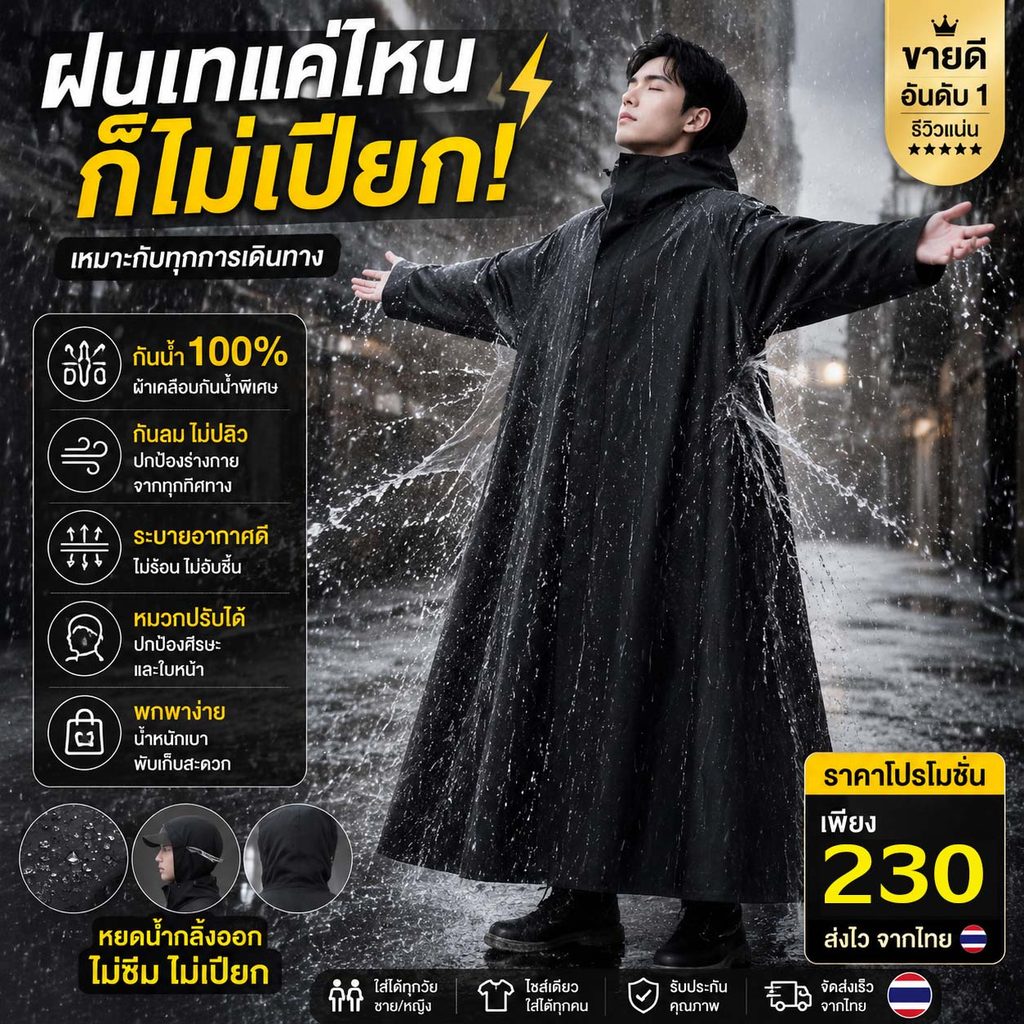 ชุดกันฝนตัวเดียว เสื้อกันฝนผู้ใหญ่ กันฝนหนัก กันน้ำ100% มีแถบสะท้อนแสง มีหมวกฮู้ดพับเก็บได้ ผ้าโพลีเอสเตอร์อย่างหนา
