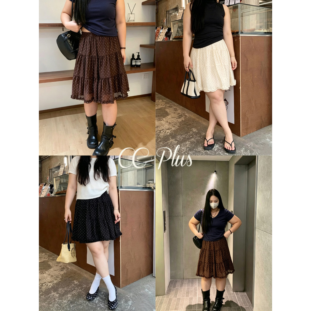 CiCi Plus+(26131) กระโปรงลายจุดผ้าชีฟอง ดีเทลแต่งระบาย มีซับใน เอวสม็อค สไตล์สาวเกาหลี