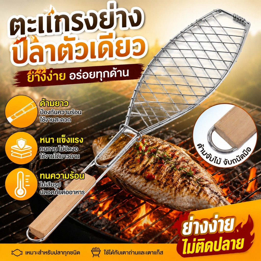 COD ตะแกรงย่างปลา ตะแกรงปิ้งปลามีด้าม รุ่นที่หนาขึ้น ด้ามไม้ ใหญ่ เหมาะสำหรับปิ้งย่างกลางแจ้ง