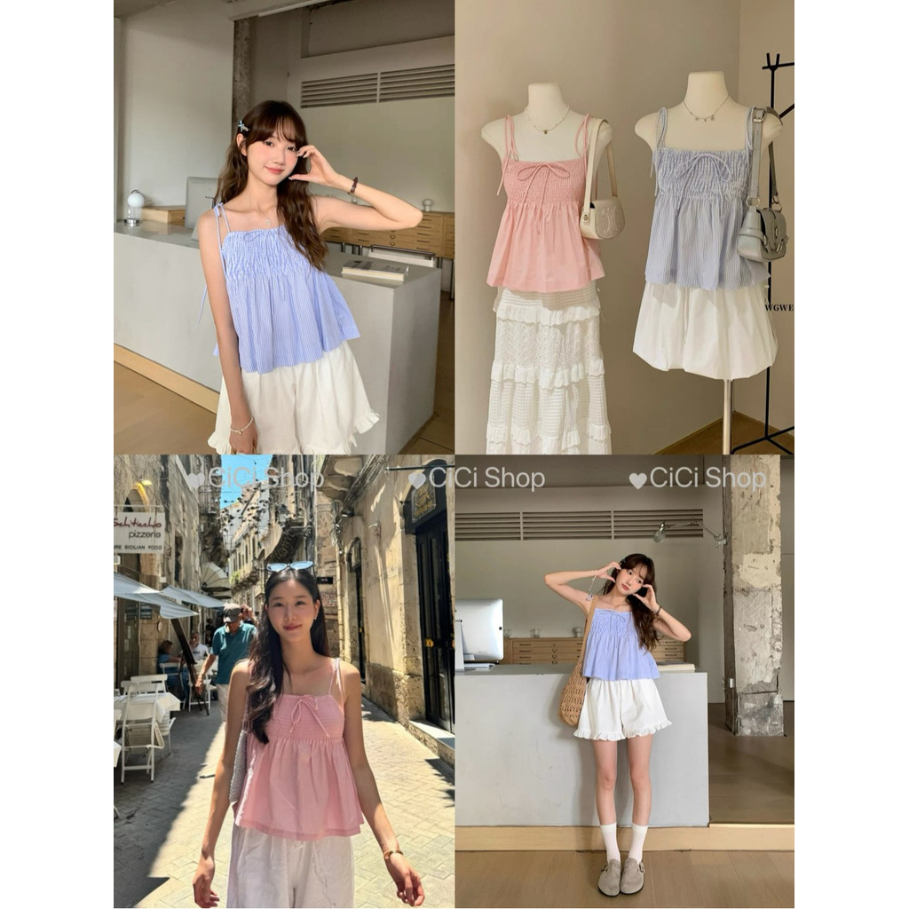 Cicishop(J2208) เสื้อสายเดี่ยวอกสม็อครอบตัว สายผูกเอง กิมมิคมีโบว์ตรงกลาง สีสันสวยสดใส น่ารัก