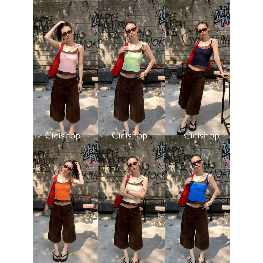 Cicishop(J2537) เสื้อสายเดี่ยว ดีเทลเย็บติด2ชิ้น สไตล์หน้าร้อน ใส่เล่นน้ำสงกรานต์แซ่บๆ