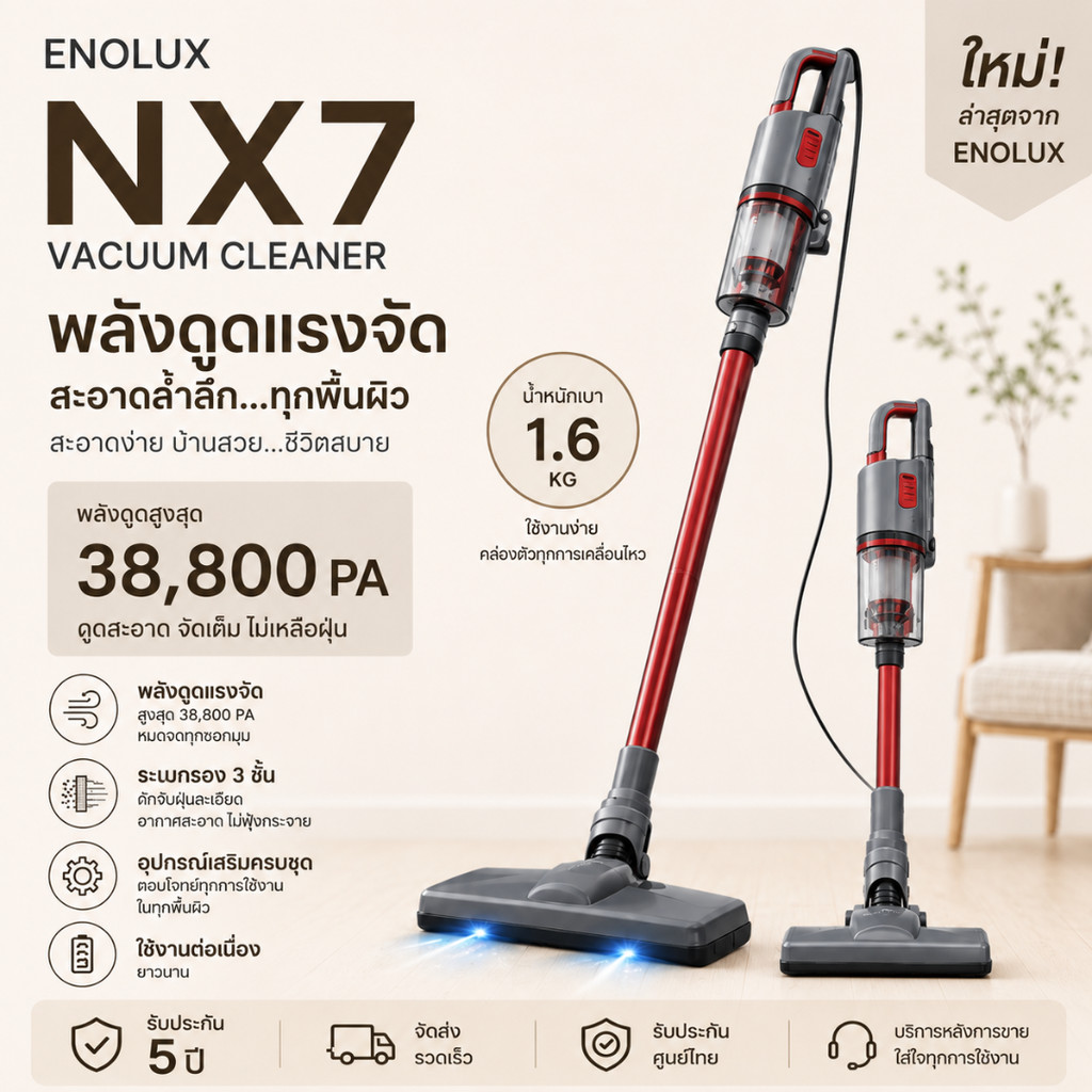 เครื่องดูดฝุ่นไร้สาย ENOLUX NX7 38,800PA พลังดูดสูง ใช้เวลาใช้งานสูงสุด 45 นาที ระบบกรอง HEPA 3 ชั้น บางและเบา 1.6KG.