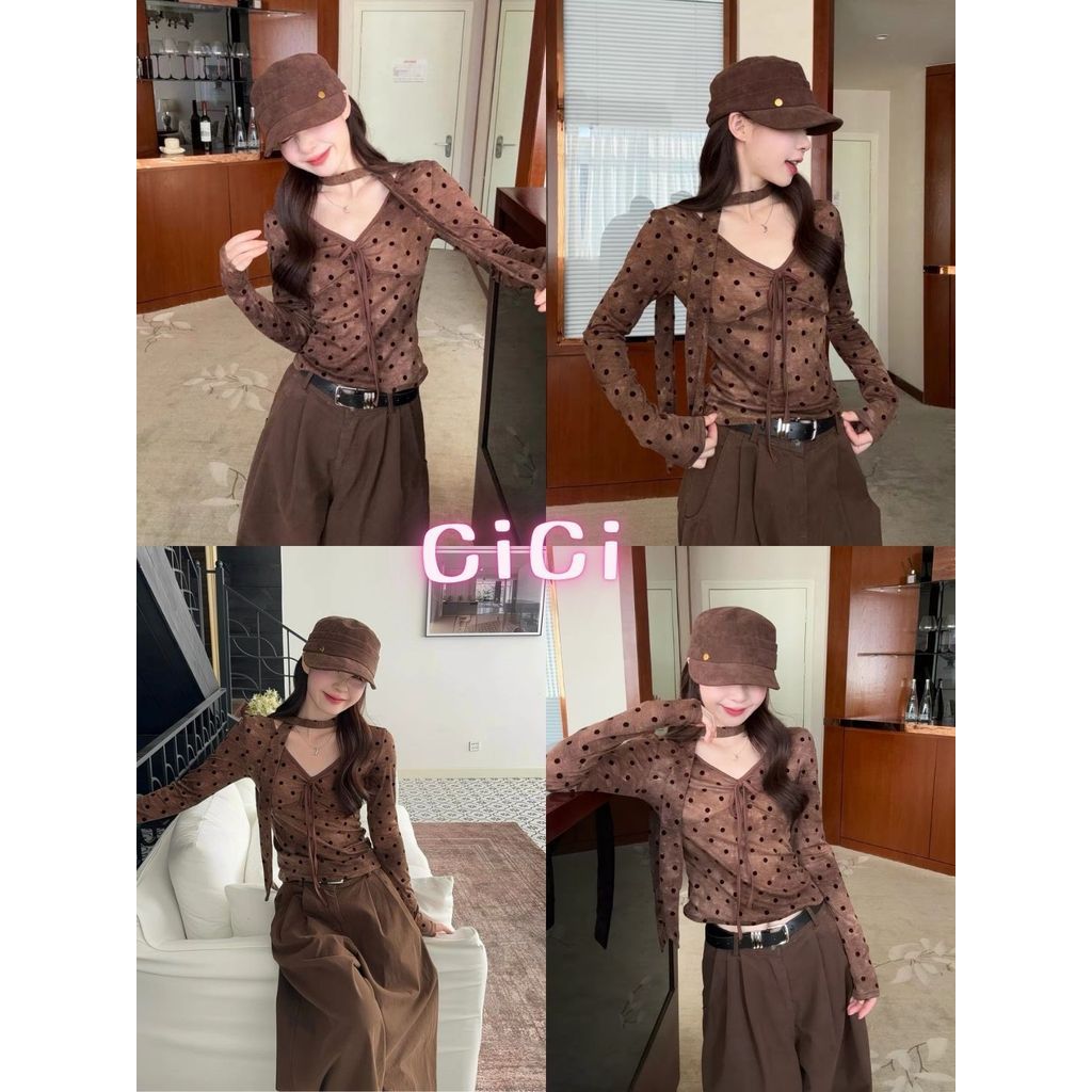 ส่งทันทีCici (No. J2782) เซตเสื้อแขนยาวพร้อมผ้าพันคอ ลายจุดPolka Dot คอวี แต่งโบว์หน้าดีเทลลายเปรอะวินเทจ สไตล์เกาหลีY2K