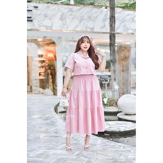 (NK) เซต เสื้อครอปเชิ้ต+กระโปรงยาว สีพื้น ใส่แล้วสวยมาก (อก40-60“) ใครหางานอกใหญ่อยู่แนะนำ เสื้อผ้าสาวอวบอ้วน ไซส์ใหญ่