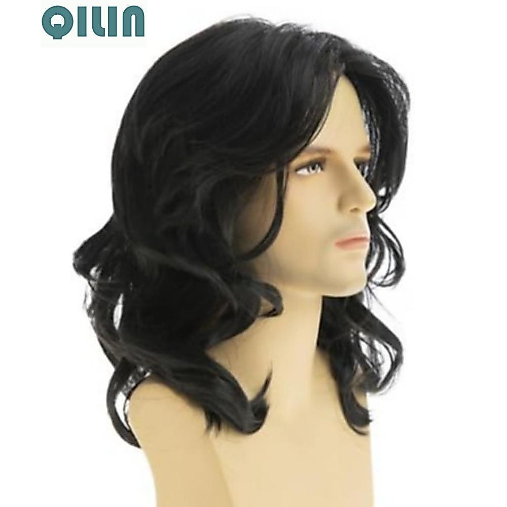 QILIN วิกผมคอสเพลย์สังเคราะห์สําหรับชาย,ธรรมชาติยาวปานกลางชาย Wavy Wigs, 70 S 80s Curly สมจริง Hippi