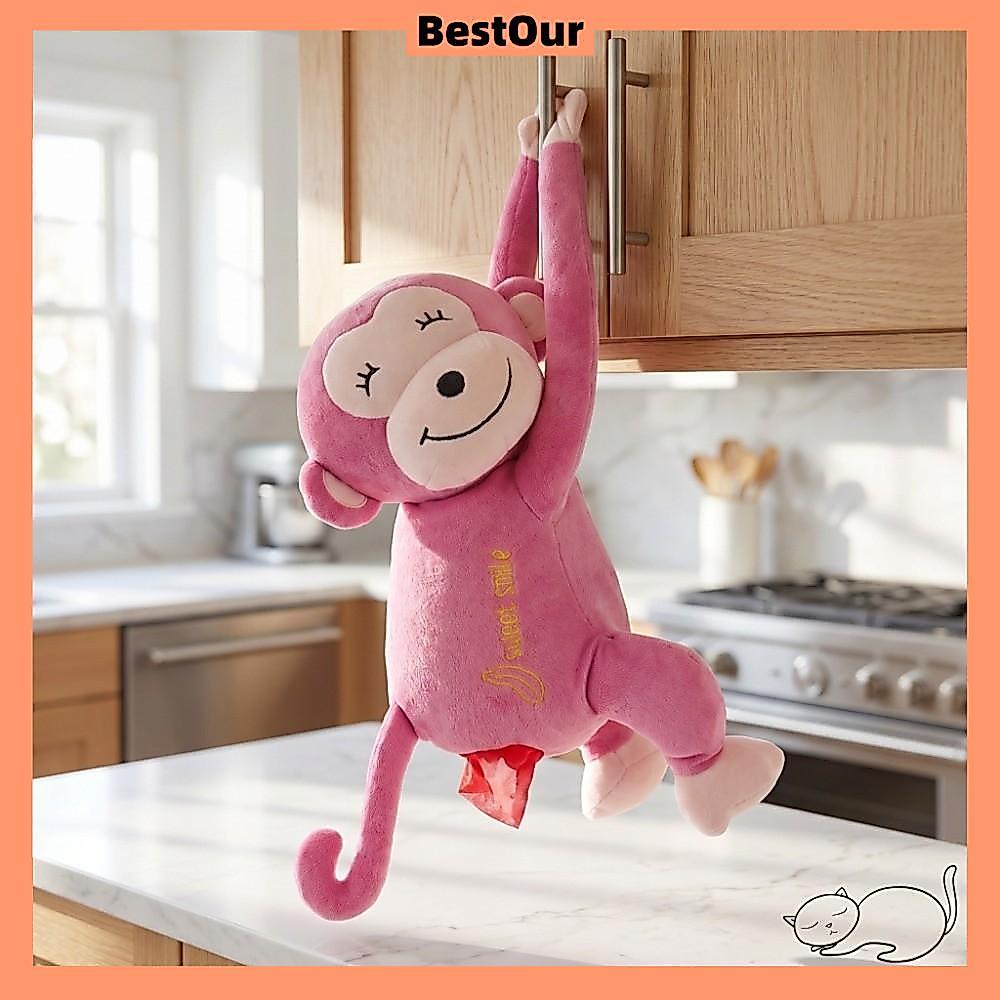 BESTOUR Home & Car Dual-use Tissue Holder, Plush, PP cotton Coffee, Pink Pipi Monkey Plush Tissue Bo