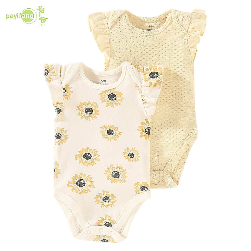 Payifang-2 PIECES บอดี้สูทเด็กผู้หญิงดอกทานตะวันทารกแรกเกิด Frill แขน Onesies ผ้าฝ้ายนุ่ม Romper