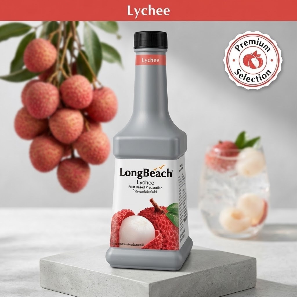 EXP 04/27 ลองบีช เพียวเร่ ลิ้นจี่ (LongBeach Lychee Puree) ขนาด 900 มล. ซอสผลไม้เข้มข้นผสมเนื้อลิ้นจี่แท้