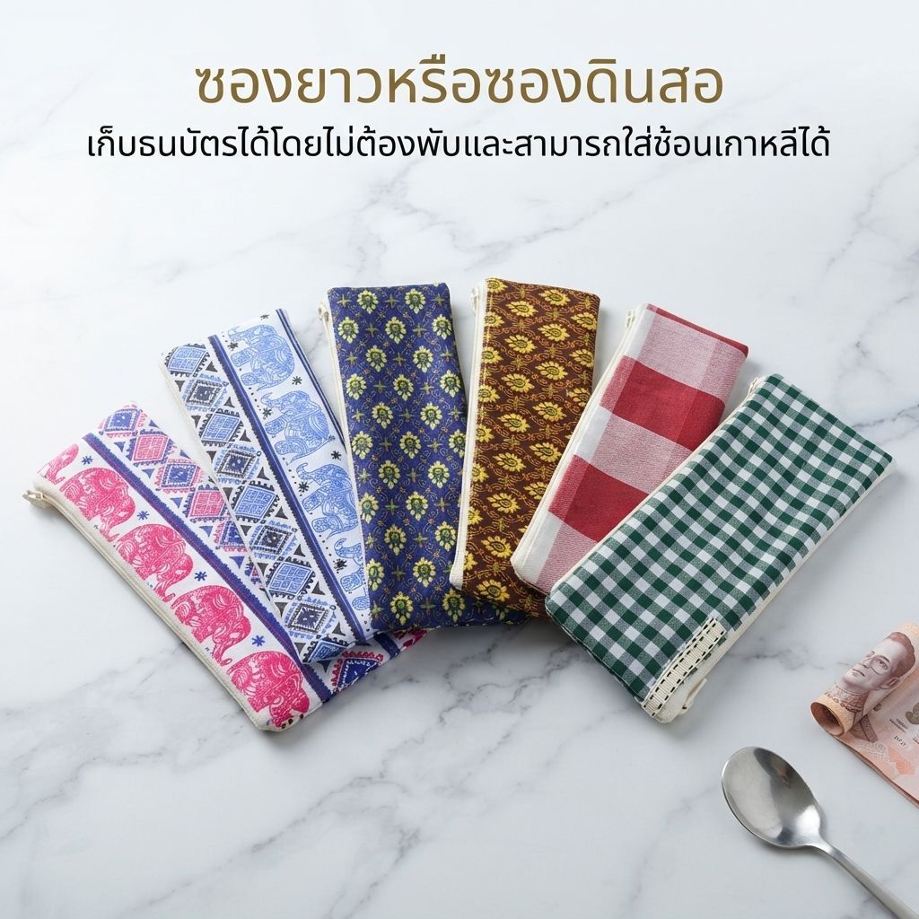 กระเป๋าซองยาวมีซิป คละสีลายช้าง ผ้าลายไทย ผ้าขาวม้า ใส่ธนบัตรแบบไม่พับได้ ใส่ช้อนเกาหลี ใส่ดินสอ ของฝาก ของชำร่วย