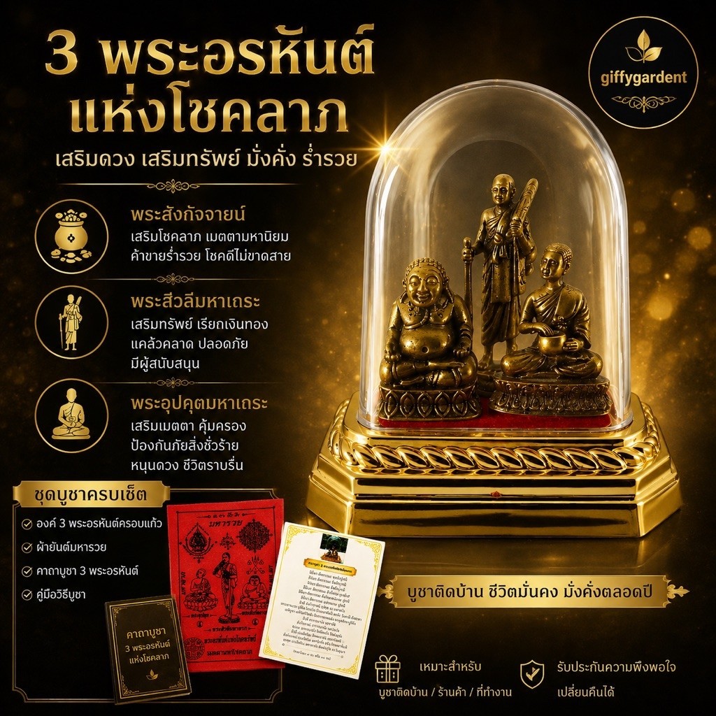 พระอรหันต์แห่งโชคลาภ 3 องค์ ครอบแก้วอะคริลิค S15 ผ่านพิธีปลุกเสกแล้ว มาพร้อมกับชุดบูชา คาถา+ผ้ายันต์+ธูป 2 ชิ้น