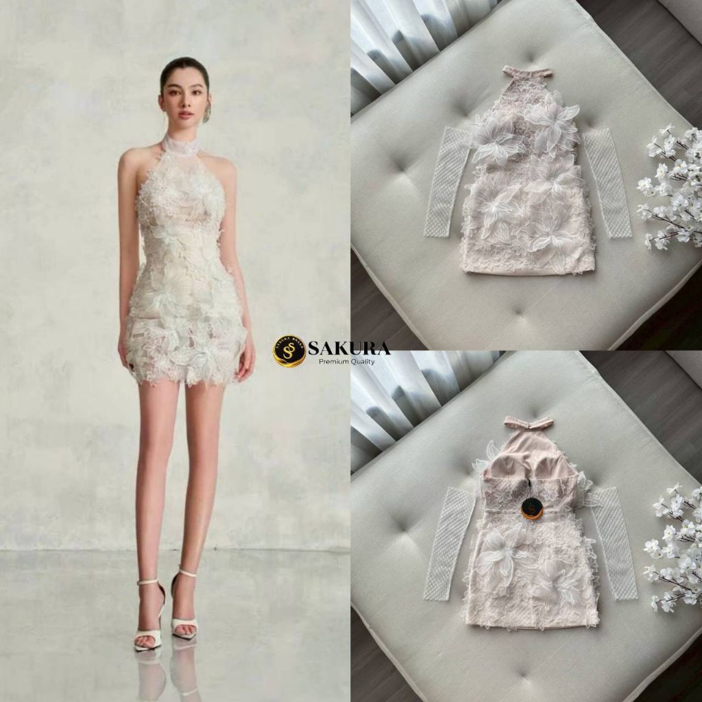 SAKURA เดรส ลายดอกไม้3Dเซ็กซี่โชว์ข้างหลัง+ปลอกแขน