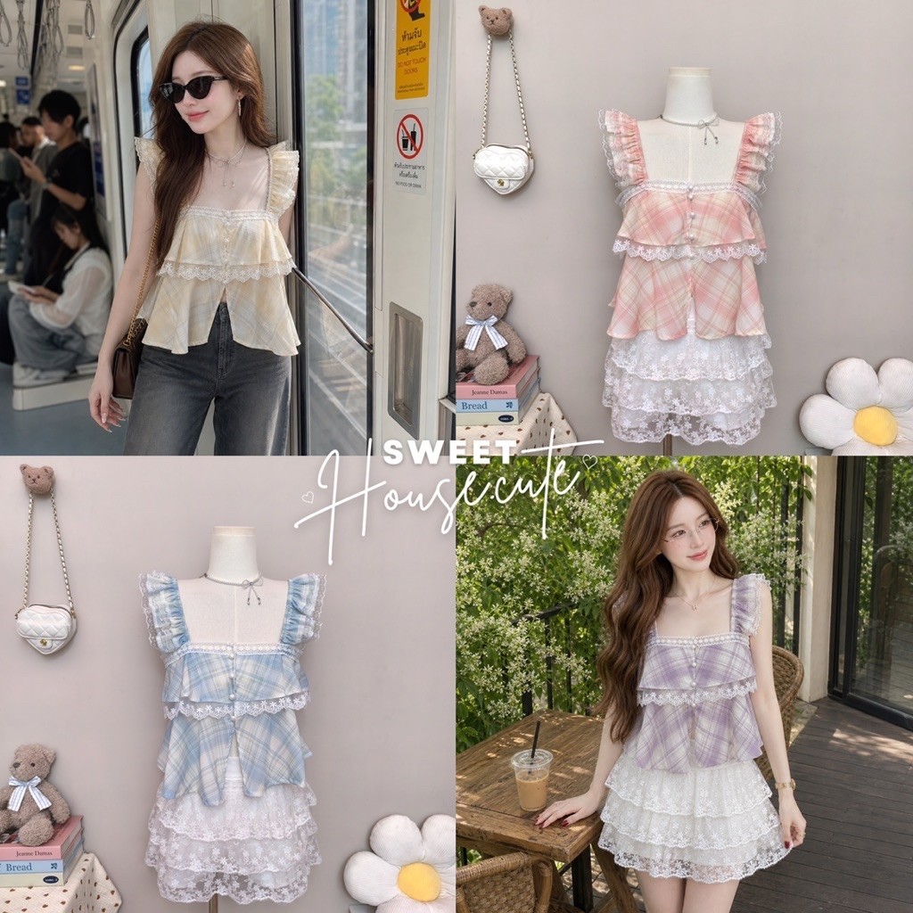 🧸 SweetHouse #766 🌻 เสื้อครอปลายสก็อตสายระบายลูกไม้ แต่งกระดุมมุก + กระโปรงลูกไม้ ชุดเซตสาวหวานเกาหลี