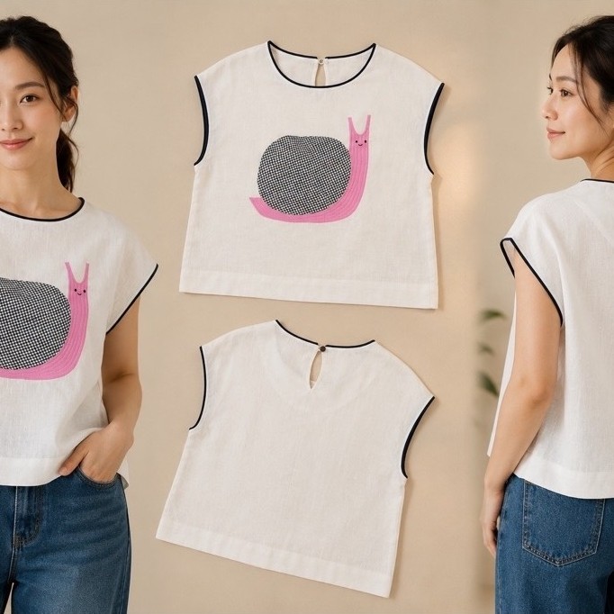 5th Jan เสื้อลินินแท้ คอกลม แขนล้ำ กระดุมคอหลัง ด้านหน้าปะผ้า-ปักลาย ชายตรง “อก 43 นิ้ว”