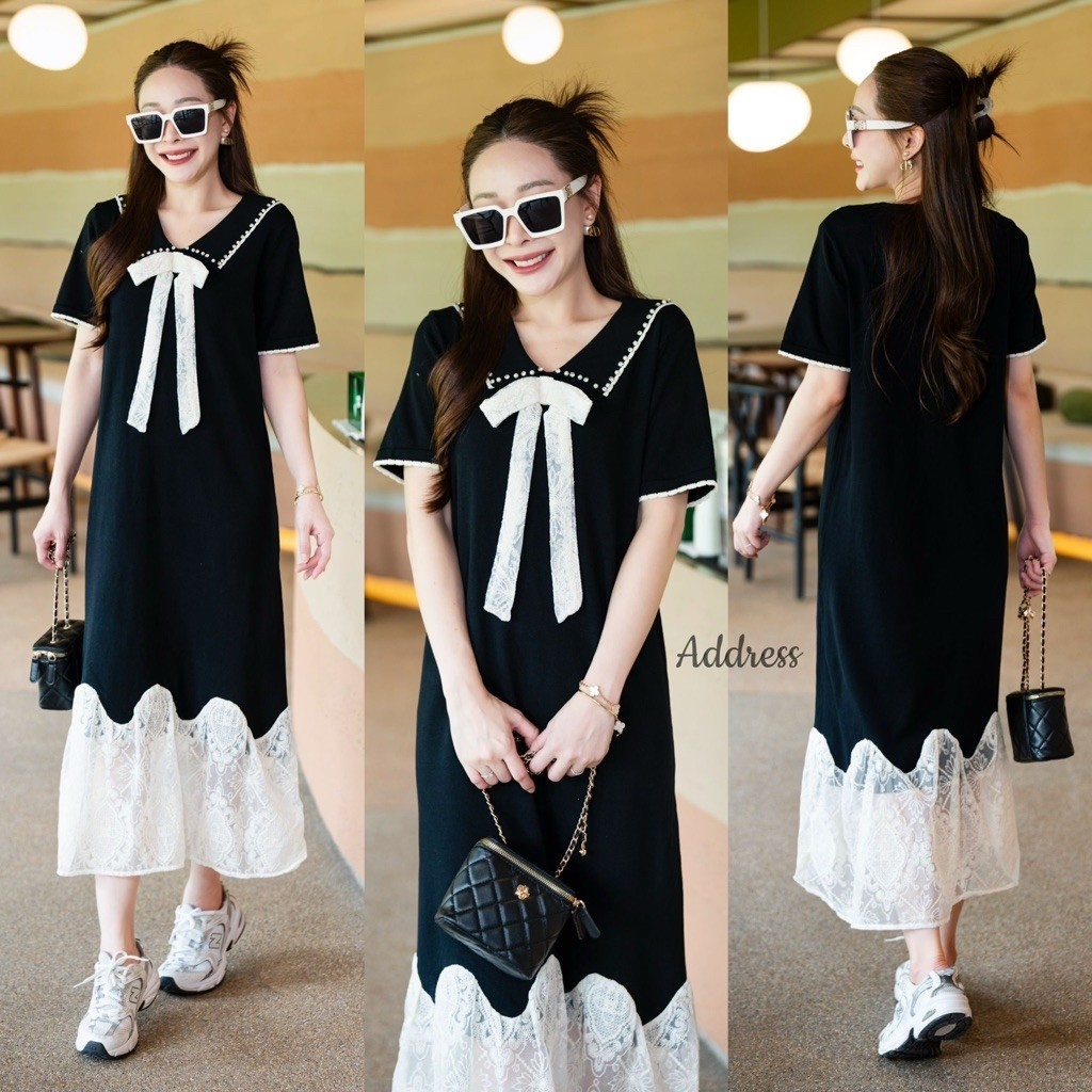 Knit Pearl DM Collar Bow Lace Patch Lace Bottom Maxi Dress