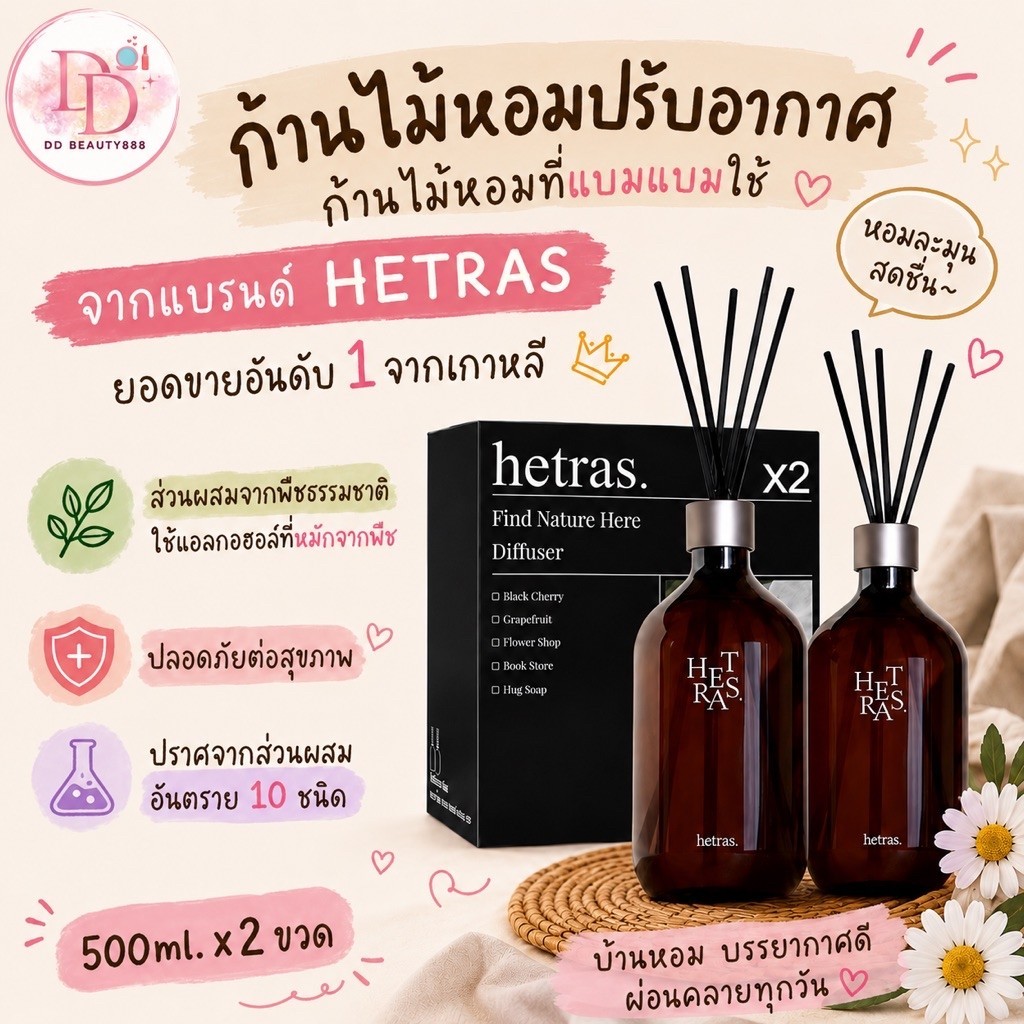 ก้านไม้หอม ปรับอากาศ ชุด Hetras (เฮทรัส) Reed Diffuser Pack 2 ชิ้น ขนาด 500ml.x2ขวด