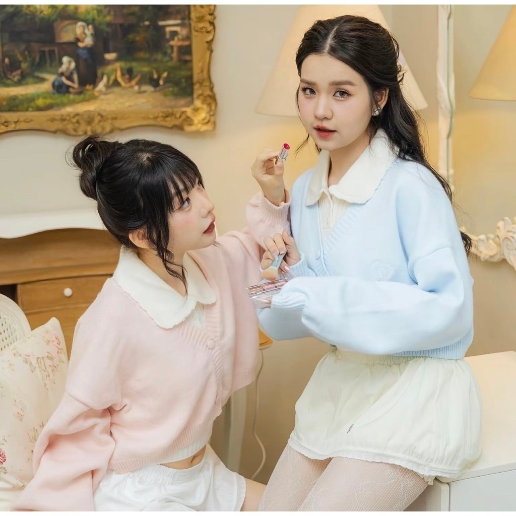 ส่งต่อ💕 เซ็ต RIKA น้องคัพเค้ก เซ็ตเสื้อ 2 ชิ้น ครอปไหมพรมแขนยาวกระดุมหน้า+เสื้อแขนกุดคอบัว 🧺