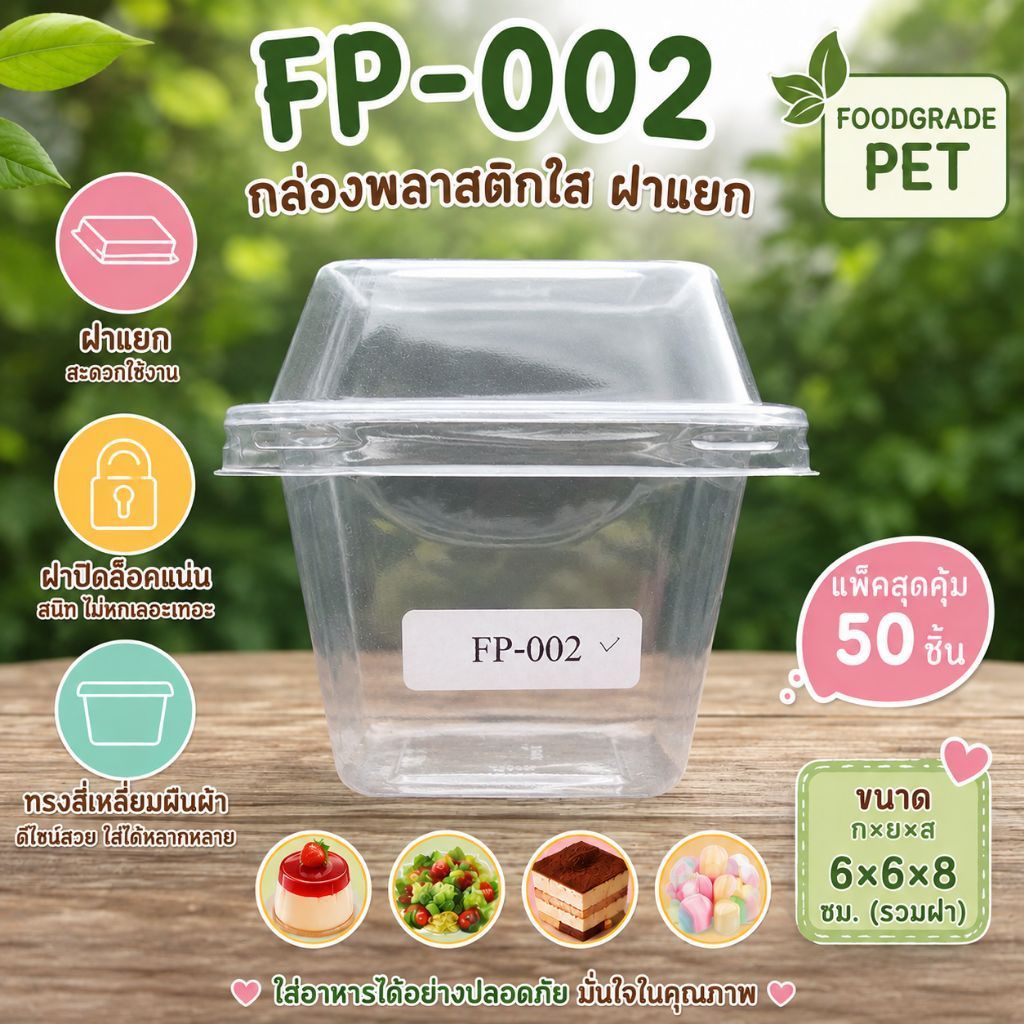 FP002 กล่องใส เค้กขนมหวาน ฝาล็อคในตัว(แพ็ค50ชิ้น)