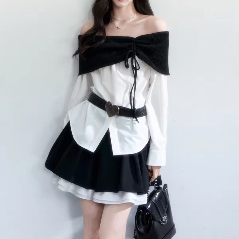 Fragile heart - Observer Poem Color Block Off-Shoulder Shirt Top and skirt