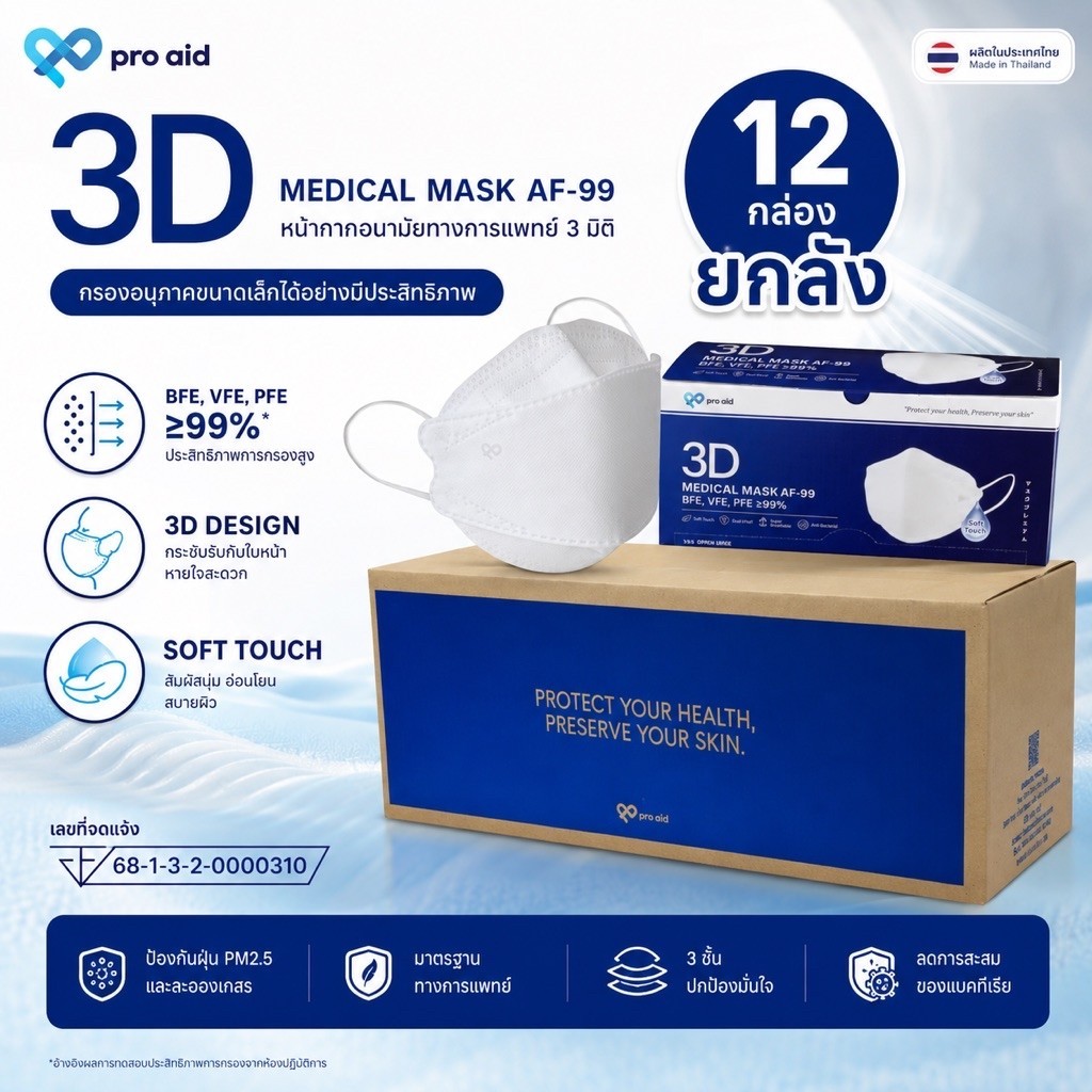 [ยกลัง 12 กล่อง] Pro Aid หน้ากากอนามัย 3D ทางการแพทย์ 50 ชิ้น/กล่อง Smart Box ผ้าชั้นในออร์แกนิก ถนอมผิว