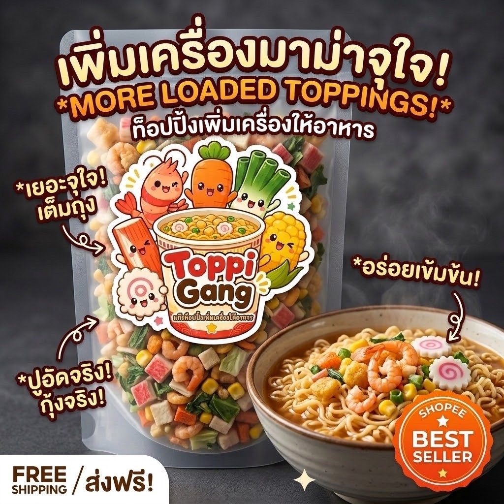 ท็อปปิ้งมาม่า Toppi gang กุ้งอบกรอบ นารูโตะ ผักอบ ใช้ประกอบอาหารเช่น บะหมี่กึ่งสำเร็จรูป ข้าวต้ม ข้าวผัด ไข่ตุ๋น