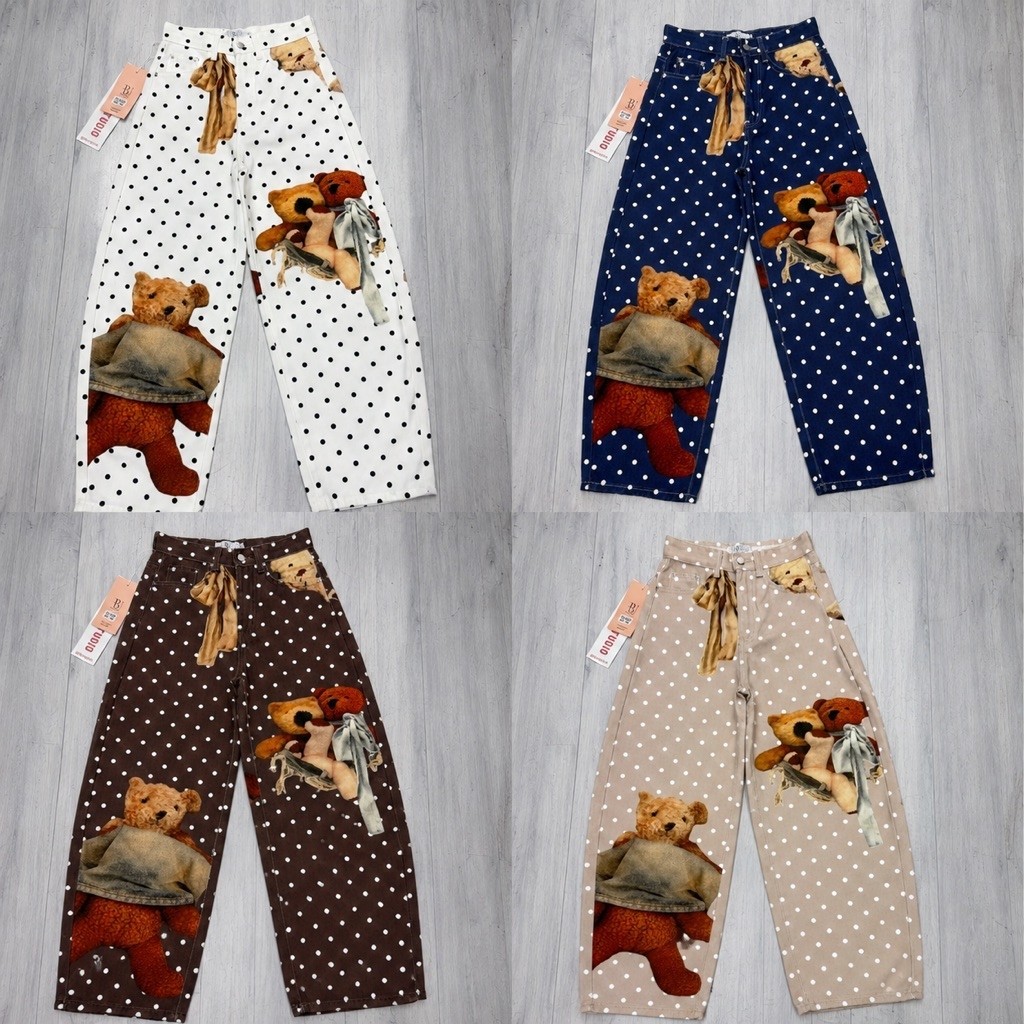 XS-4XL BACKUP Polka Dot x Teddy Bear กางเกงยีนส์ทรงบาเรล Barrel ผ้ายีนส์ใยน้ำแข็งลายจุด